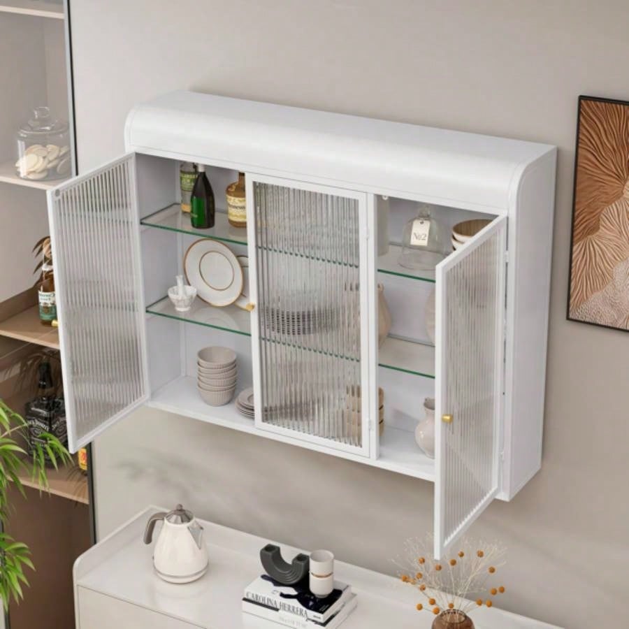 3 Door Arched Wall Mounted Glass Cabinets Kitchen, Living Room and BathroomWhite