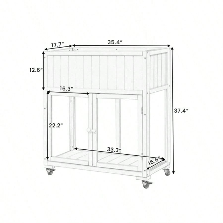 35.439; 39; 17.39; 39; 37.439; 39; Wood Cold Frame, Compact 2 Doors Garden Greenhouse with Wheels, Raised Bed with Liner Indoor Outdoor Use, White