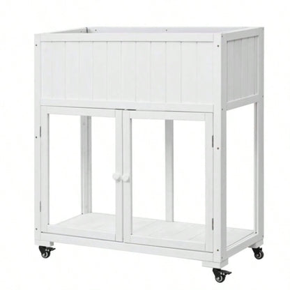 35.439; 39; 17.39; 39; 37.439; 39; Wood Cold Frame, Compact 2 Doors Garden Greenhouse with Wheels, Raised Bed with Liner Indoor Outdoor Use, White