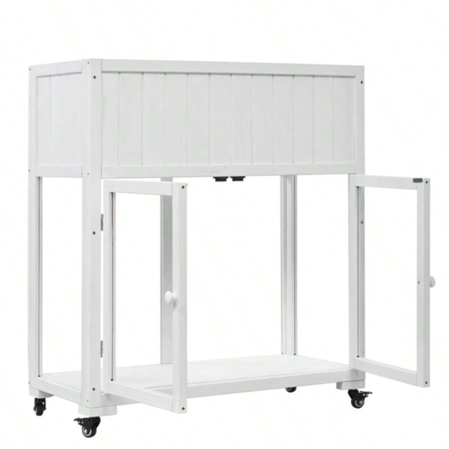35.439; 39; 17.39; 39; 37.439; 39; Wood Cold Frame, Compact 2 Doors Garden Greenhouse with Wheels, Raised Bed with Liner Indoor Outdoor Use, White
