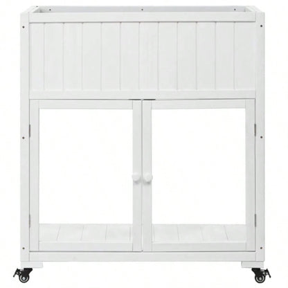 35.439; 39; 17.39; 39; 37.439; 39; Wood Cold Frame, Compact 2 Doors Garden Greenhouse with Wheels, Raised Bed with Liner Indoor Outdoor Use, White