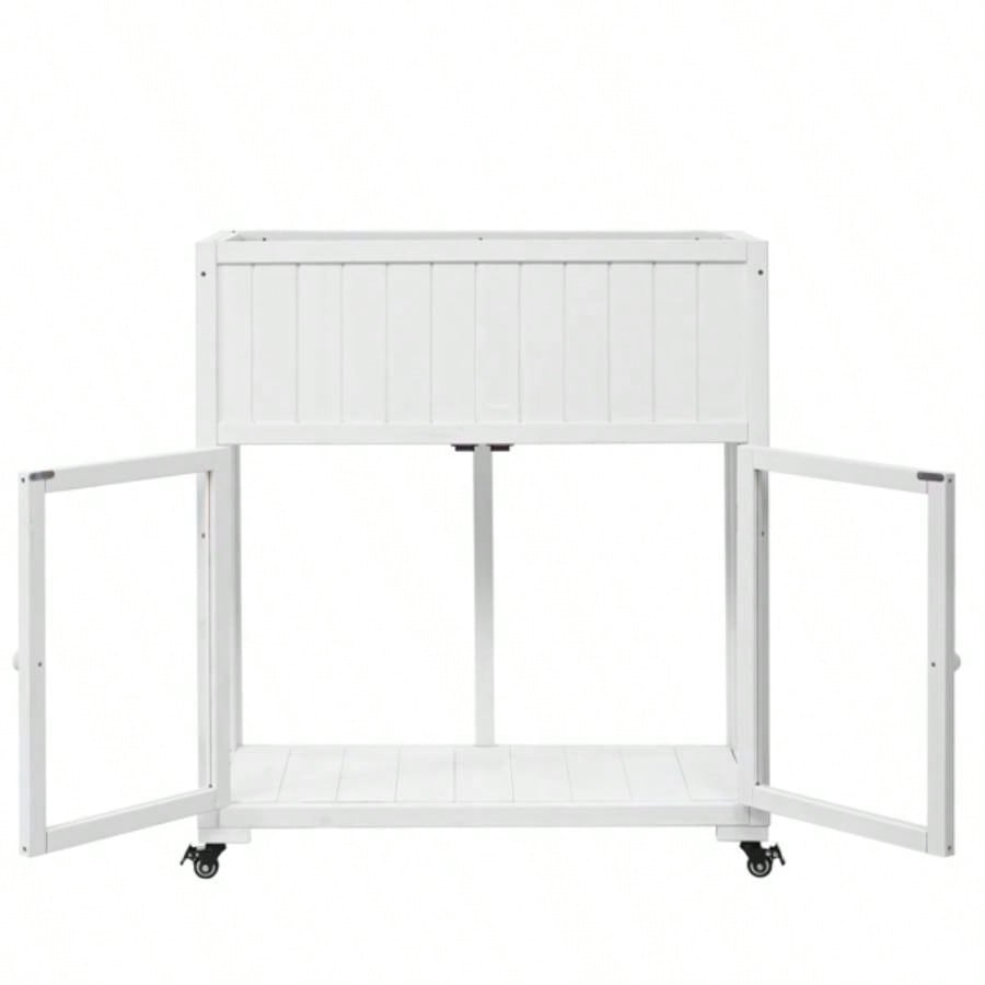 35.439; 39; 17.39; 39; 37.439; 39; Wood Cold Frame, Compact 2 Doors Garden Greenhouse with Wheels, Raised Bed with Liner Indoor Outdoor Use, White