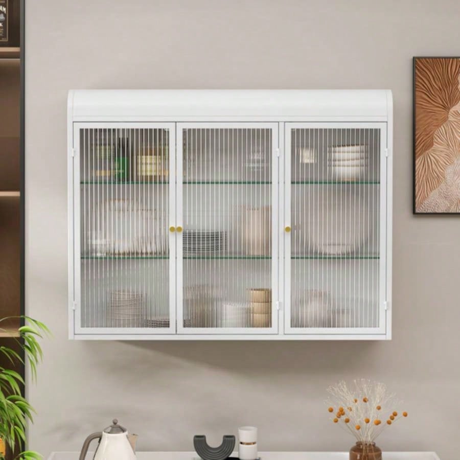 3 Door Arched Wall Mounted Glass Cabinets Kitchen, Living Room and BathroomWhite