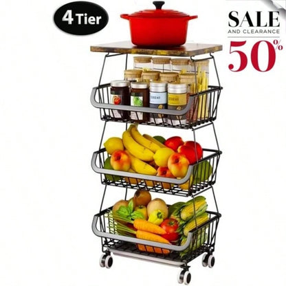 4 Tier Fruit Storage Basket, Fruit Vegetable Cart with Solid Wood, Kitchen Storage Rack with Rollers Pantry