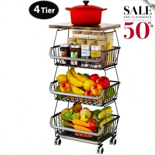 4 Tier Fruit Storage Basket, Fruit Vegetable Cart with Solid Wood, Kitchen Storage Rack with Rollers Pantry