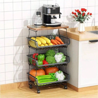 4 Tier Fruit Storage Basket, Fruit Vegetable Cart with Solid Wood, Kitchen Storage Rack with Rollers Pantry