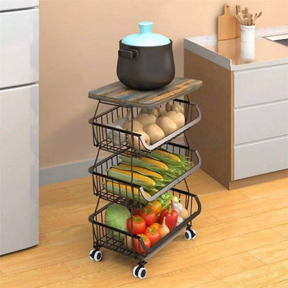 4 Tier Fruit Storage Basket, Fruit Vegetable Cart with Solid Wood, Kitchen Storage Rack with Rollers Pantry