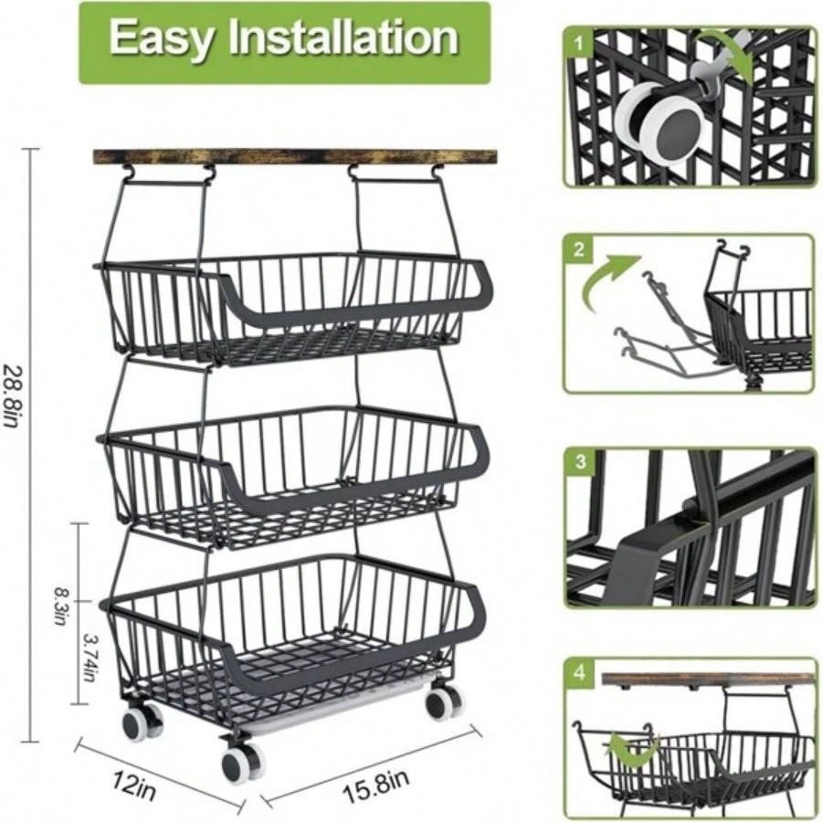 4 Tier Fruit Storage Basket, Fruit Vegetable Cart with Solid Wood, Kitchen Storage Rack with Rollers Pantry