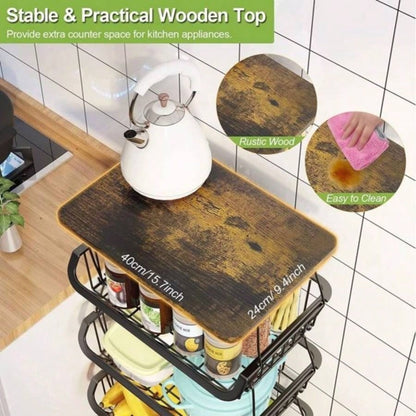 4 Tier Fruit Storage Basket, Fruit Vegetable Cart with Solid Wood, Kitchen Storage Rack with Rollers Pantry