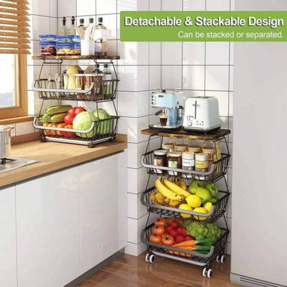 4 Tier Fruit Storage Basket, Fruit Vegetable Cart with Solid Wood, Kitchen Storage Rack with Rollers Pantry