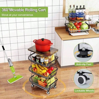 4 Tier Fruit Storage Basket, Fruit Vegetable Cart with Solid Wood, Kitchen Storage Rack with Rollers Pantry