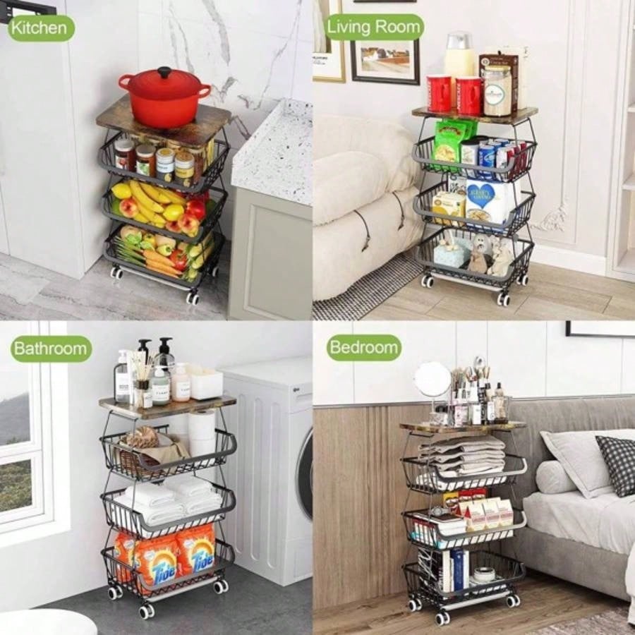 4 Tier Fruit Storage Basket, Fruit Vegetable Cart with Solid Wood, Kitchen Storage Rack with Rollers Pantry