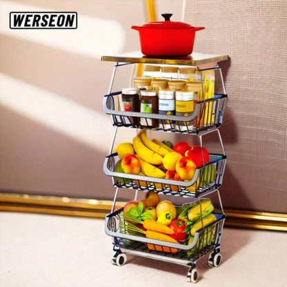 4 Tier Fruit Storage Basket, Fruit Vegetable Cart with Solid Wood, Kitchen Storage Rack with Rollers Pantry