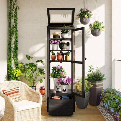 TOPMAX 62.4inch Height Wood Garden Greenhouse Balcony Portable Cold Frame with Movable Storage Box and Adjustable Shelves Outdoor Indoor Use, Black