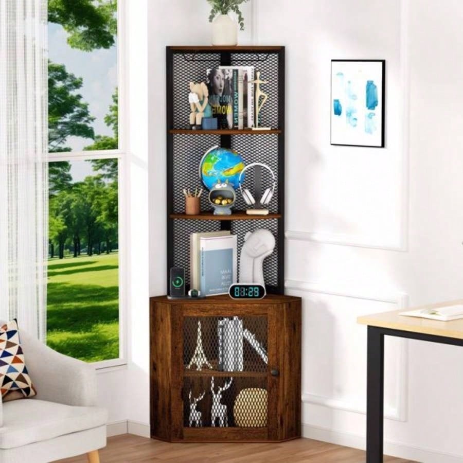 Corner Shelf with Doors, 65 Corner Cabinet Wine Glass Rack, 6 Tier Bookshelf Display, Freestanding Corner Storage Stand Kitchen, Living Room, BalconyUnable to ship on weekends, please note