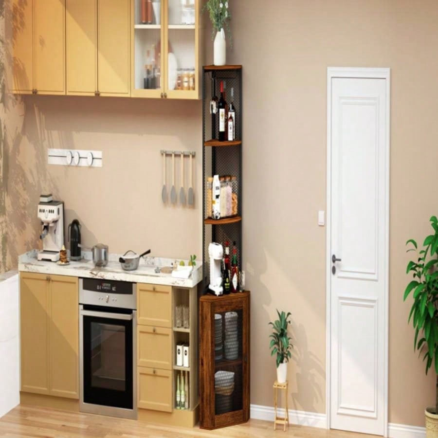 Corner Shelf with Doors, 65 Corner Cabinet Wine Glass Rack, 6 Tier Bookshelf Display, Freestanding Corner Storage Stand Kitchen, Living Room, BalconyUnable to ship on weekends, please note