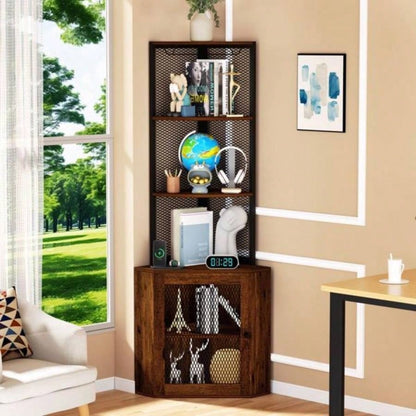 Corner Shelf with Doors, 65 Corner Cabinet Wine Glass Rack, 6 Tier Bookshelf Display, Freestanding Corner Storage Stand Kitchen, Living Room, BalconyUnable to ship on weekends, please note