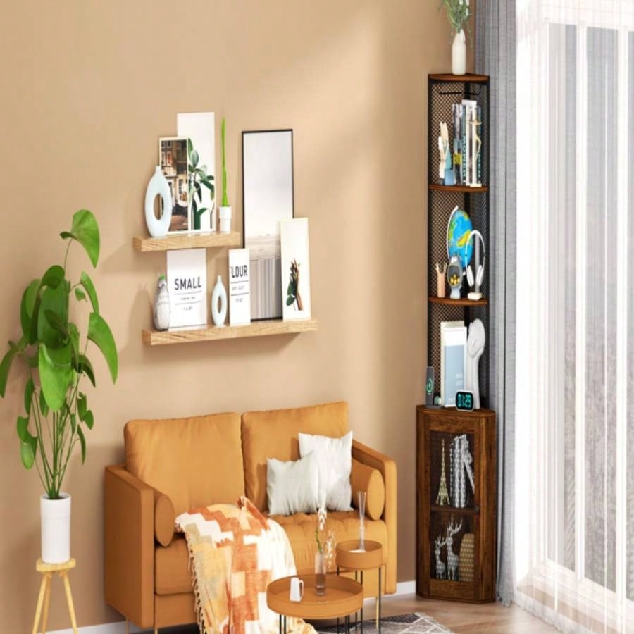 Corner Shelf with Doors, 65 Corner Cabinet Wine Glass Rack, 6 Tier Bookshelf Display, Freestanding Corner Storage Stand Kitchen, Living Room, BalconyUnable to ship on weekends, please note