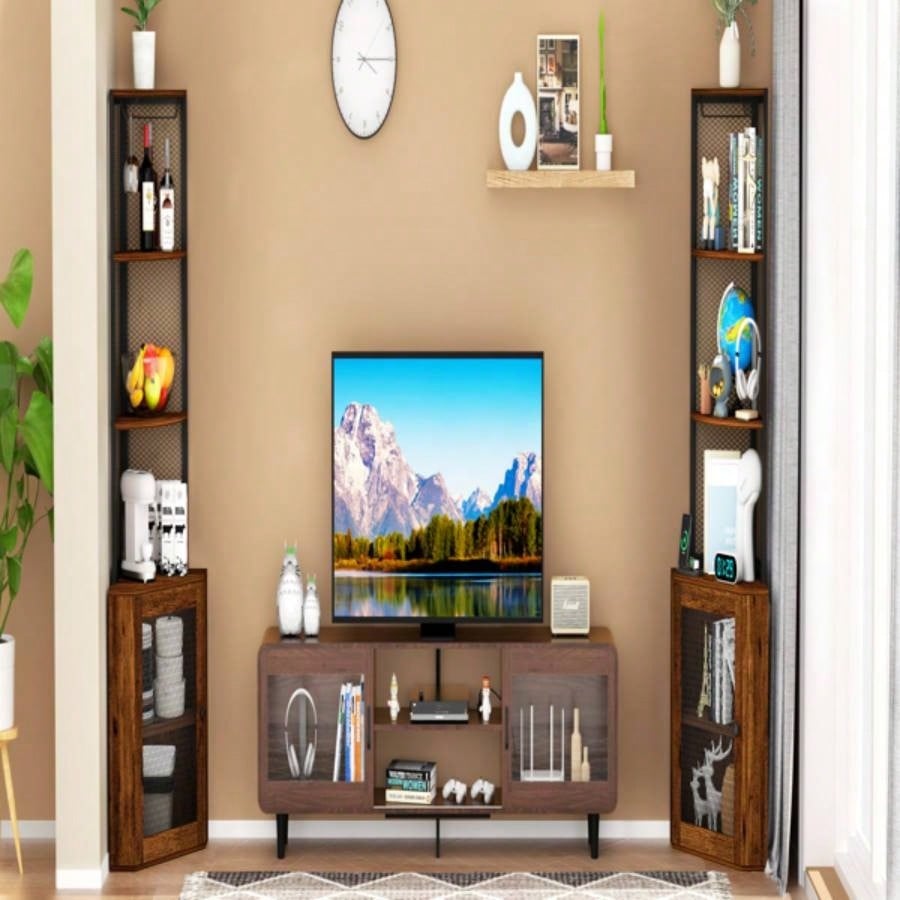 Corner Shelf with Doors, 65 Corner Cabinet Wine Glass Rack, 6 Tier Bookshelf Display, Freestanding Corner Storage Stand Kitchen, Living Room, BalconyUnable to ship on weekends, please note