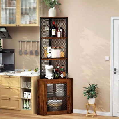 Corner Shelf with Doors, 65 Corner Cabinet Wine Glass Rack, 6 Tier Bookshelf Display, Freestanding Corner Storage Stand Kitchen, Living Room, BalconyUnable to ship on weekends, please note