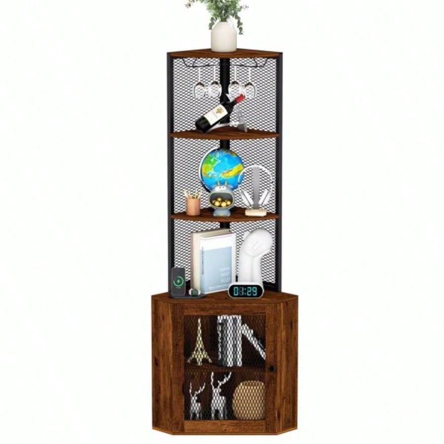 Corner Shelf with Doors, 65 Corner Cabinet Wine Glass Rack, 6 Tier Bookshelf Display, Freestanding Corner Storage Stand Kitchen, Living Room, BalconyUnable to ship on weekends, please note