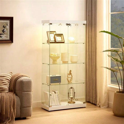 4 - Tier Glass Display Cabinet, Double Door Glass Cabinet, Four Partitions, Two Locks, Floor Standing Storage Cabinet Living Room, Bedroom, Showroom and Office, White, 31.5Lx 14.2x 66.3H