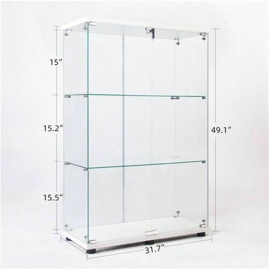 Two Door Glass Cabinet Glass Display Cabinet with 3 Shelves, White
