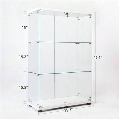 Two Door Glass Cabinet Glass Display Cabinet with 3 Shelves, White
