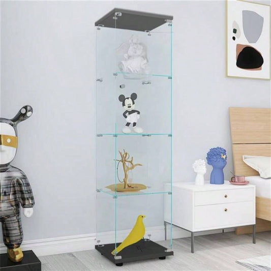 4 Shelves Glass Cabinet Glass Display Cabinet with One Door, Black 1