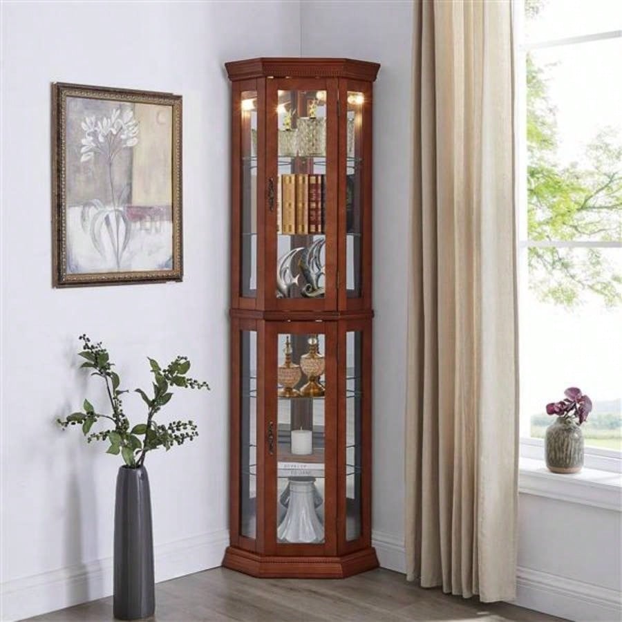 Corner Curio Cabinet with Lights, Adjustable Tempered Glass Shelves, Mirrored Back, Display Cabinet, Walnut E26 light bulb not included