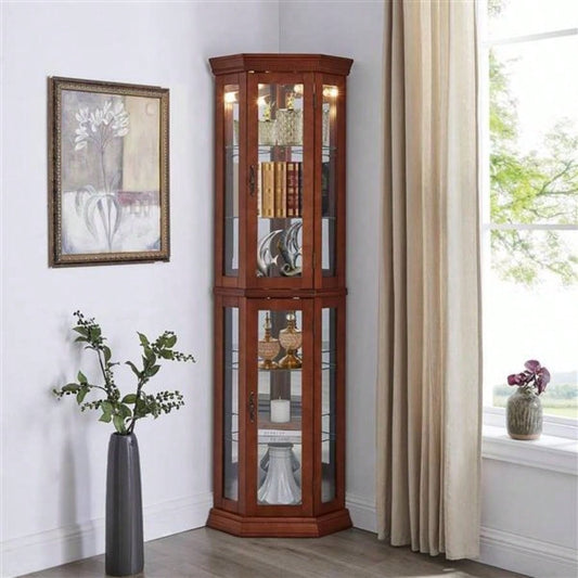 Corner Curio Cabinet with Lights, Adjustable Tempered Glass Shelves, Mirrored Back, Display Cabinet, Walnut E26 light bulb not included