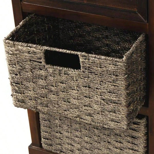 Rustic Storage Cabinet with Two Drawers and Four Classic Rattan Basket Dining Room/Living Room Espresso