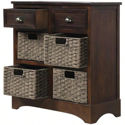 Rustic Storage Cabinet with Two Drawers and Four Classic Rattan Basket Dining Room/Living Room Espresso