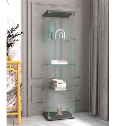 4 Shelves Glass Cabinet Glass Display Cabinet with One Door, Black 1