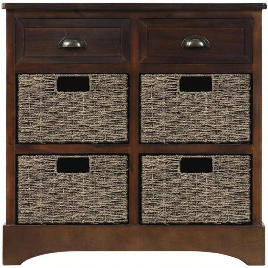 Rustic Storage Cabinet with Two Drawers and Four Classic Rattan Basket Dining Room/Living Room Espresso