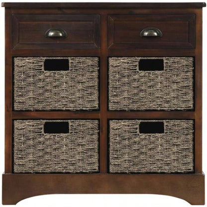 Rustic Storage Cabinet with Two Drawers and Four Classic Rattan Basket Dining Room/Living Room Espresso