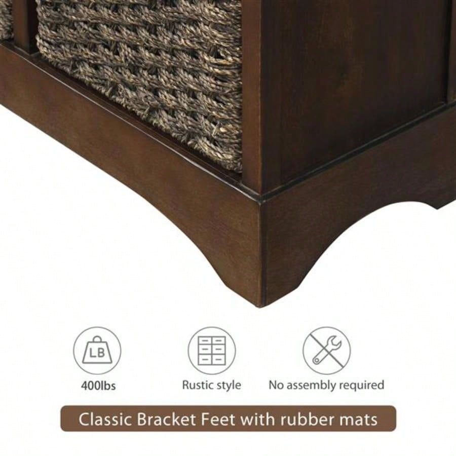Rustic Storage Cabinet with Two Drawers and Four Classic Rattan Basket Dining Room/Living Room Espresso