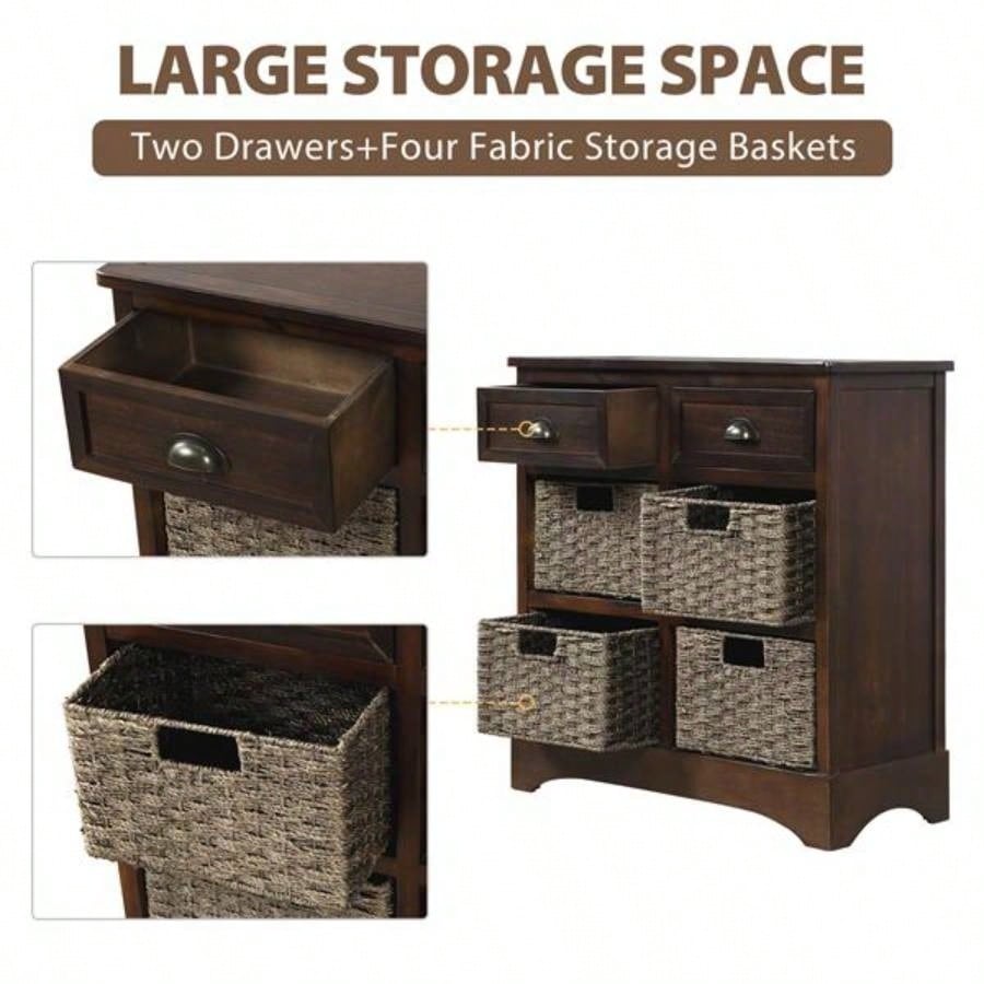 Rustic Storage Cabinet with Two Drawers and Four Classic Rattan Basket Dining Room/Living Room Espresso