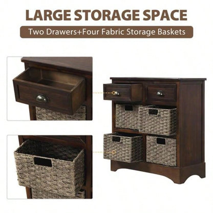 Rustic Storage Cabinet with Two Drawers and Four Classic Rattan Basket Dining Room/Living Room Espresso