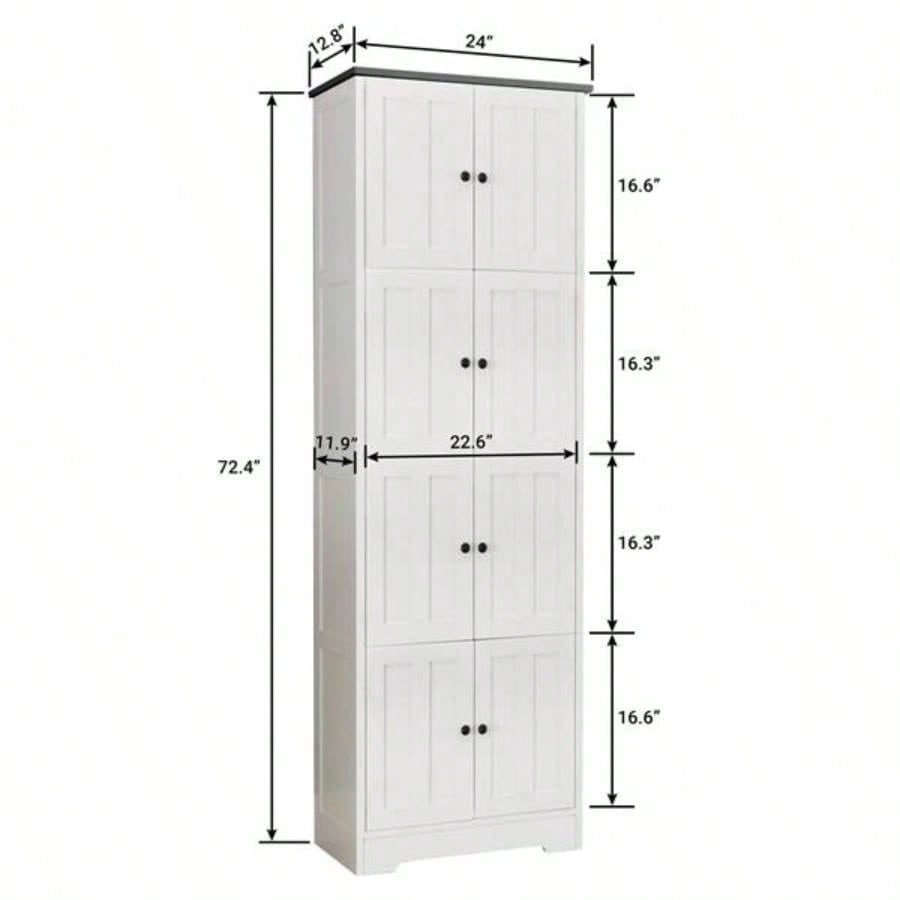 Tall Storage Cabinet with 8 Doors and 4 Shelves, Wall Storage Cabinet Living Room, Kitchen, Office, Bedroom, Bathroom, White