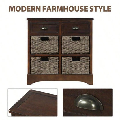 Rustic Storage Cabinet with Two Drawers and Four Classic Rattan Basket Dining Room/Living Room Espresso