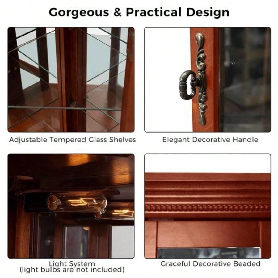 Corner Curio Cabinet with Lights, Adjustable Tempered Glass Shelves, Mirrored Back, Display Cabinet, Walnut E26 light bulb not included
