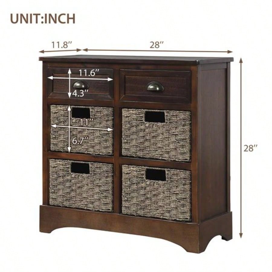 Rustic Storage Cabinet with Two Drawers and Four Classic Rattan Basket Dining Room/Living Room Espresso