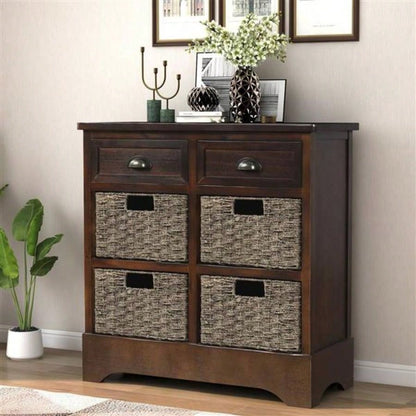 Rustic Storage Cabinet with Two Drawers and Four Classic Rattan Basket Dining Room/Living Room Espresso