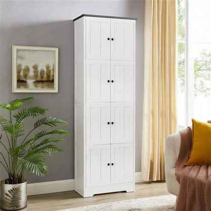 Tall Storage Cabinet with 8 Doors and 4 Shelves, Wall Storage Cabinet Living Room, Kitchen, Office, Bedroom, Bathroom, White