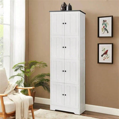 Tall Storage Cabinet with 8 Doors and 4 Shelves, Wall Storage Cabinet Living Room, Kitchen, Office, Bedroom, Bathroom, White