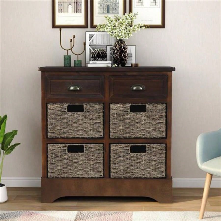 Rustic Storage Cabinet with Two Drawers and Four Classic Rattan Basket Dining Room/Living Room Espresso