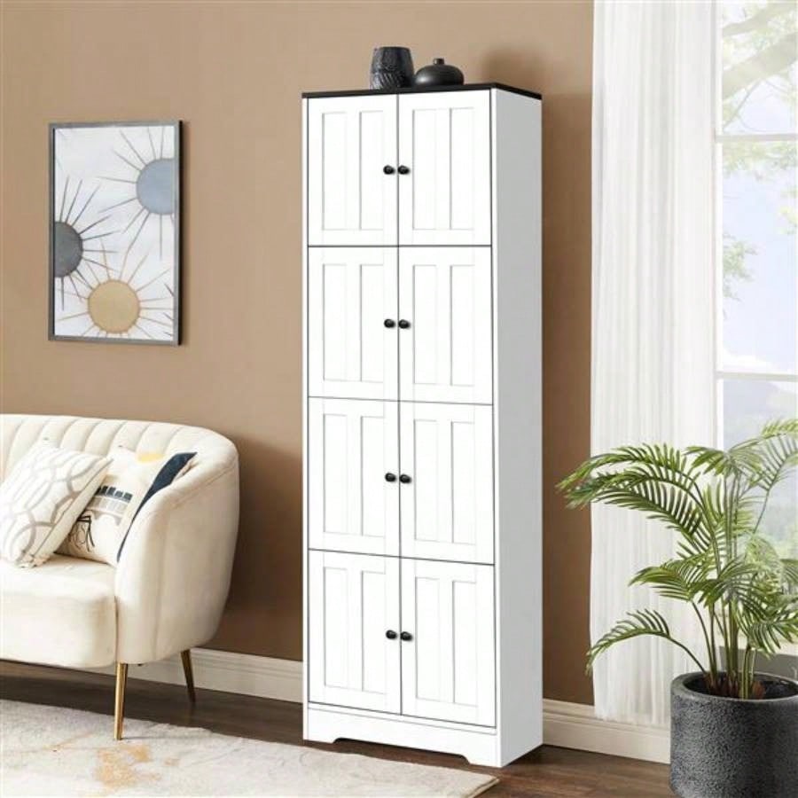 Tall Storage Cabinet with 8 Doors and 4 Shelves, Wall Storage Cabinet Living Room, Kitchen, Office, Bedroom, Bathroom, White