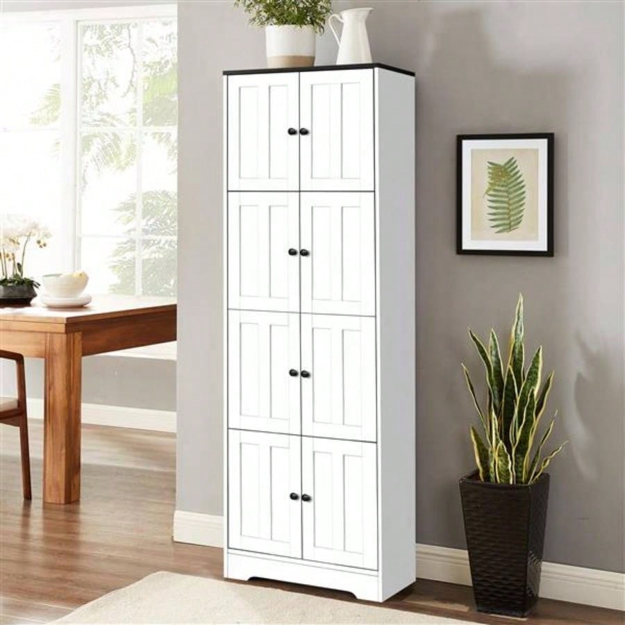 Tall Storage Cabinet with 8 Doors and 4 Shelves, Wall Storage Cabinet Living Room, Kitchen, Office, Bedroom, Bathroom, White