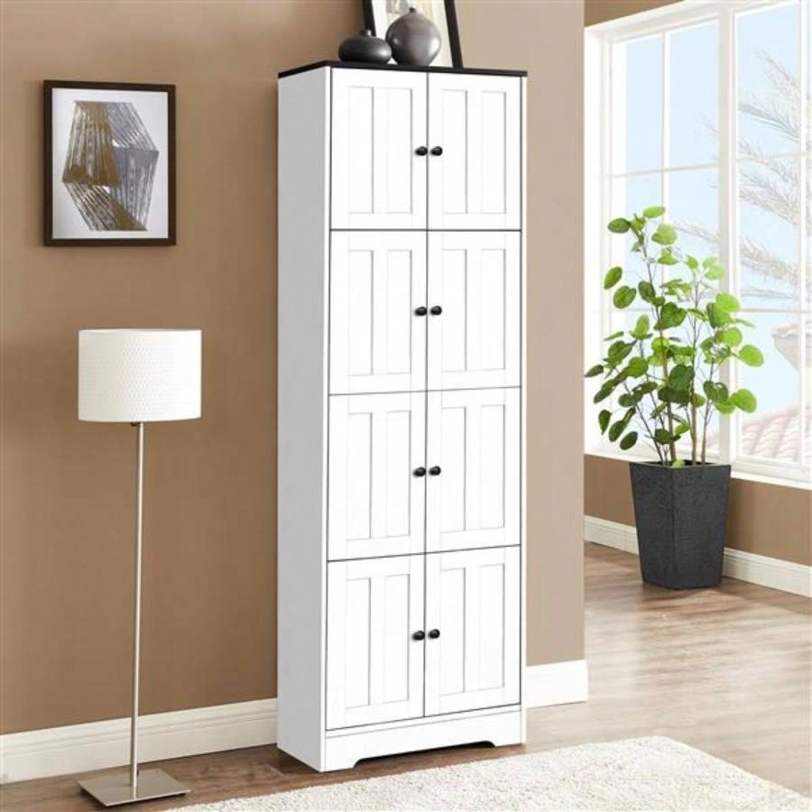 Tall Storage Cabinet with 8 Doors and 4 Shelves, Wall Storage Cabinet Living Room, Kitchen, Office, Bedroom, Bathroom, White